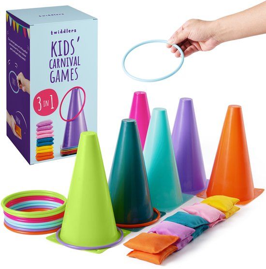 The Twiddlers – 3-in-1 Spelset, 26-delig – Ringwerpen, Pittenzak Gooien & Kegels – Voor Tuinfeest & Verjaardag