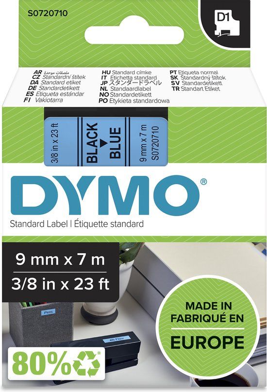 DYMO D1 Label - Black on Blue - 9mm x 7m - S0720710