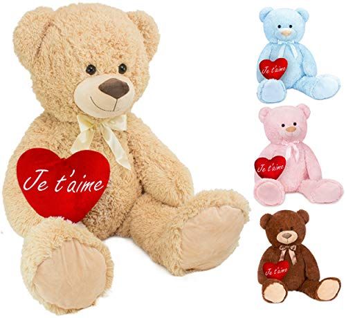 BRUBAKER XXL Teddybeer 100 cm met een Hartje - Je t'aime - Beige