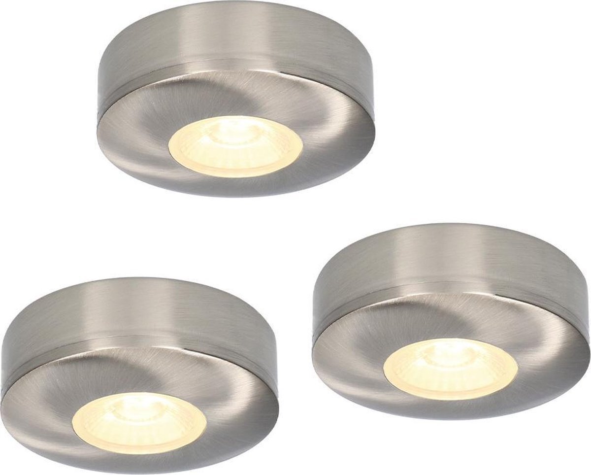 HOFTRONIC 3x Pavo - Platte opbouwspot - LED - Rond zaagmaat 53mm - RVS - Dimbaar - Zeer lage opbouwdiepte 23mm - 3 Watt - 260 lumen - 230V - 2700K Extra warm wit - Plafondspots - Dunne opbouwspot voor badkamer en buiten -