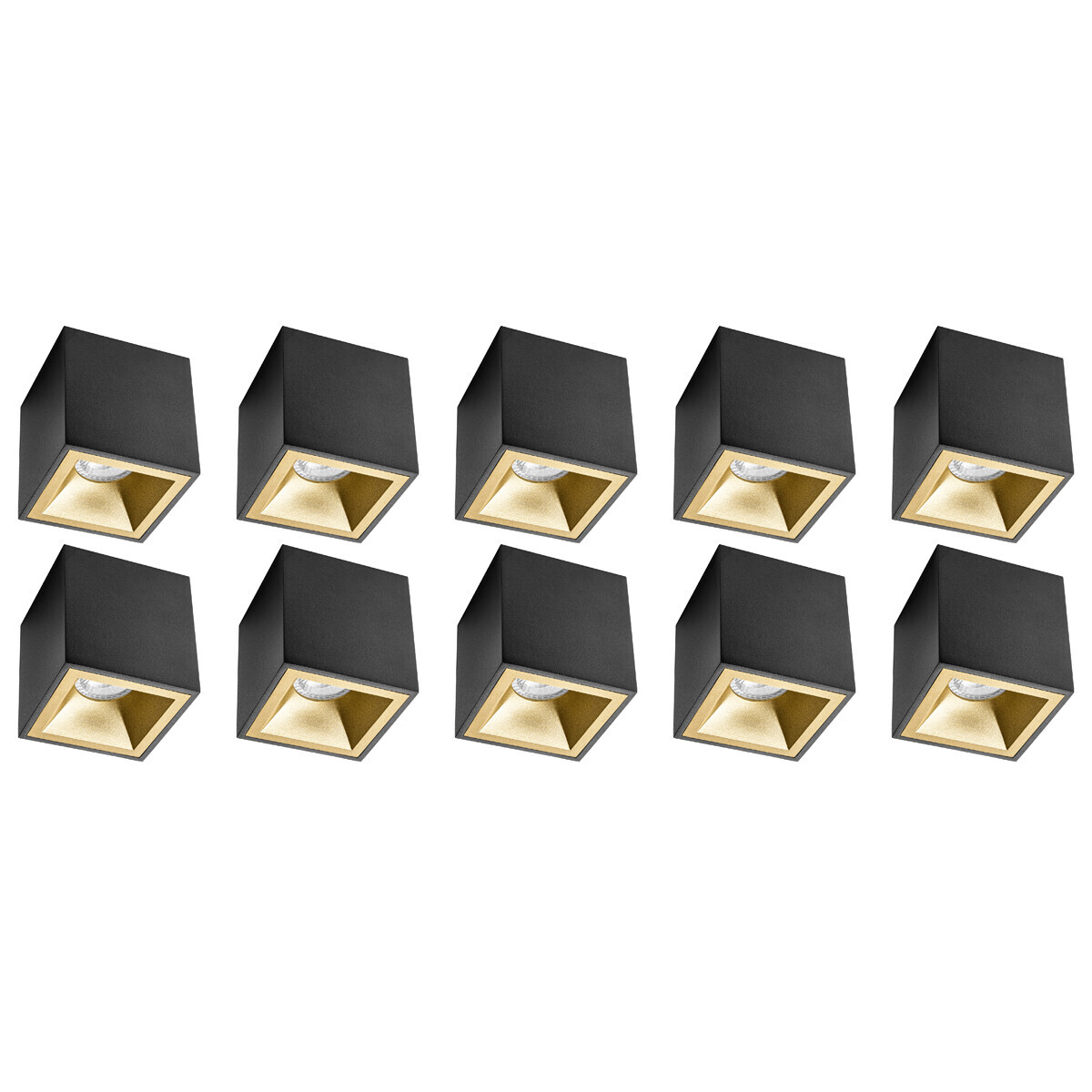 BES LED Opbouwspot 10 Pack - Pragmi Cliron Pro - GU10 Fitting - Opbouw Vierkant - Mat Zwart/Goud - Aluminium - Verdiept - Ã˜90mm