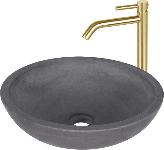 Differnz Ravano Fonteinset - Beton Donkergrijs - Mat Goud - Hoge Gebogen Kraan
