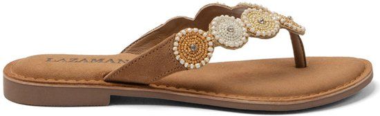 Lazamani Loua leren teenslippers met kraaltjes cognac/beige