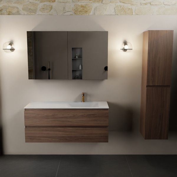 Mondiaz Aivy badmeubelset - 120x45x50cm - 1 kraangat - 1 wasbak talc Solid surface - Rechts - 2 lades - Met spiegelkast - Melamine Mocha AIVY80335