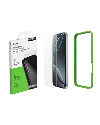 Belkin ScreenForce TemperedGlass screenprotector voor iPhone 16 Pro, gehard glas, kristalhelder, eenvoudig luchtbelvrij aanbrengen, krasbestendig beschermglas voor iPhone 16 Pro, 2-pack