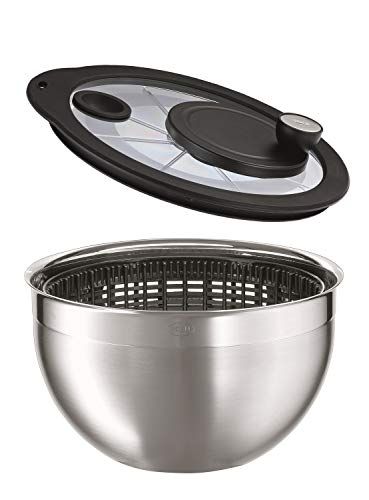 Rösle slacentrifuge met glazen deksel, Ø 24 cm, roestvrij staal 18/10, 2-ton gepolijst, zwengelaandrijving, volledig demonteerbaar, vaatwasmachinebestendig