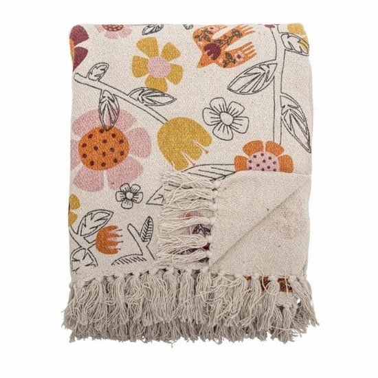 Bloomingville Plaid Vivielle Gerecycled Katoen Beige Bloemenprint 160x130cm