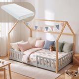 en.casa Kinderbed "Sisimiut" in Montessori-stijl, met een huisachtige uitstraling, inclusief matras en valbeveiliging. Gemaakt van grenenhout, afmetingen 120x200 cm, kleur lichtgrijs/naturel