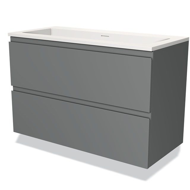 Maxaro Badkamermeubel 100cm Modulo Middengrijs 2 Lades Greeploos Wastafel Solid Surface