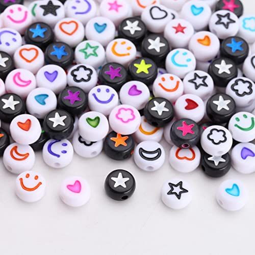HERZWILD 600 stuks lachen kralen om te rijgen, smiley-parels, hartkralen, sterrenkralen, bloemen, maan, parel, kleurrijke arcrylparels, voor doe-het-zelf sieraden, armbanden, halskettingen, sleutelhangers (maan)