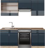 Vicco Fame-Line keukenkasten – 200 cm, WB Eik Donkerblauw hoogglans/gouden eik