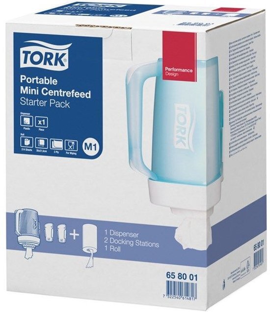 - Tork Starterpack Draagbare Mini Centerfeed Poetspapier Dispenser Kunststof Wit/Turquoise M1