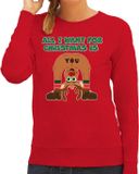 Bellatio Decorations Foute Kersttrui/sweater voor dames - All I Want is - rood - blote kont - rendier L