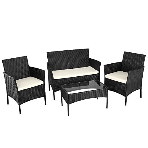 BAKAJI Woonkamerset - Bank, 2 Stoelen & Tafel - Zwart Rotan Design - 2023 Model