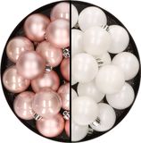 Decoris Kerstversiering 32x stuks kunststof kerstballen mix van lichtroze en wit 4 cm