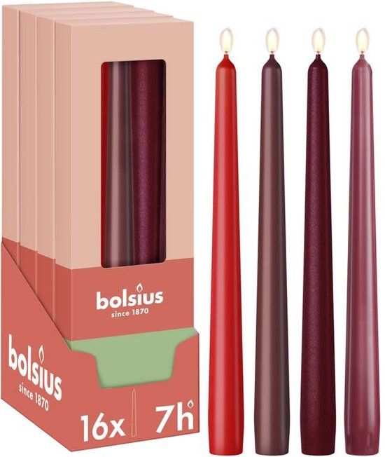 Bolsius Dinerkaarsen Set - 16 stuks - Rood - 7 branduren