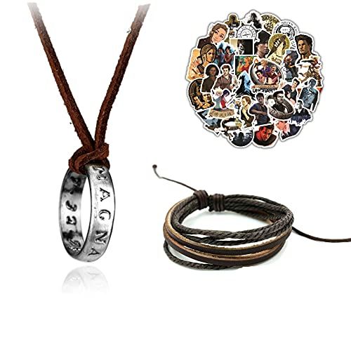XHBTS Panda XHBTS Uncharted 4 Drake Gegraveerde Ringhanger Halsketting met Bruine Leren Ketting en Armband en 20 Stickers