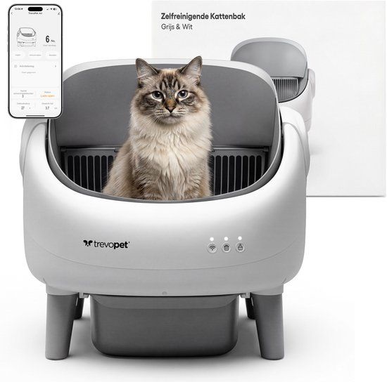 TrevoPet Air - Automatische Kattenbak met App - Zelfreinigend & Veilig - Voor Katten tot 12KG - Incl. Mat, 60 Afvalzakjes & Accessoires - 10L Afvalbak - Wit & Grijs