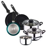 Well Home Set de cuisine, 5 pièces, acier inoxydable + 3 casseroles, Ø 16 x 20 x 24 cm, bleu métallisé, en aluminium pressé