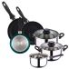 Well Home Set de cuisine, 5 pièces, acier inoxydable + 3 casseroles, Ø 16 x 20 x 24 cm, bleu métallisé, en aluminium pressé
