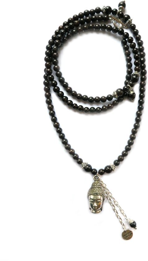 Heaven Eleven - dames ketting - ibiza - kralenketting matte onyx natuurstenen ketting met koper/zilverkleurig buddha- 100cm