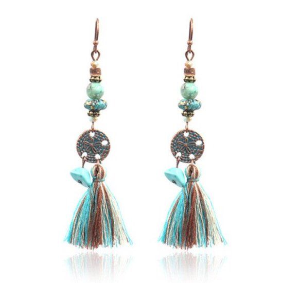 Deja Jewels Lookinggoodtoday Bronzen oorhangers met muntje, kwastje en turquoise stenen