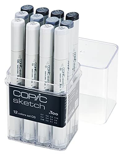 Copic Sketch Marker Set"CG" met 12 grijstinten in acryldisplay, professionele op alcoholgebaseerde penseelmarker met een flexibele en een middelbrede punt