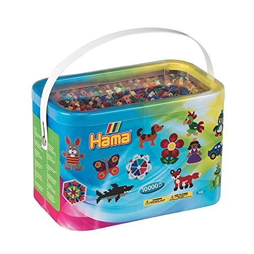 Hama Perlen 202-67 strijkkralen in emmer nr. 202 met ca. 10.000 kleurrijke midi knutselkralen met een diameter van 5 mm in volle kleuren mix, creatief knutselplezier voor groot en klein