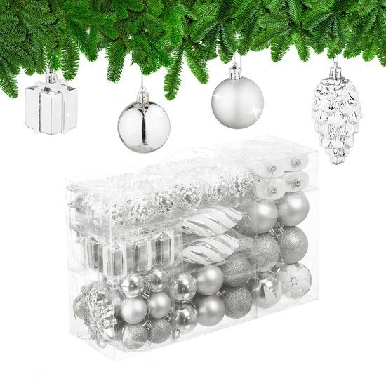 Relaxdays Kerstballen - Set van 72 - Kunststof - Zilver
