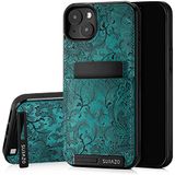 SURAZO Echt lederen achterkant case voor Apple iPhone 15 Plus, stootvast lederen telefoonhoes met kaartenvak, standfunctie, sleutelhanger, florale slanke bumper beschermhoes (ornament turquoise)