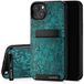 SURAZO Echt lederen achterkant case voor Apple iPhone 15 Plus, stootvast lederen telefoonhoes met kaartenvak, standfunctie, sleutelhanger, florale slanke bumper beschermhoes (ornament turquoise)