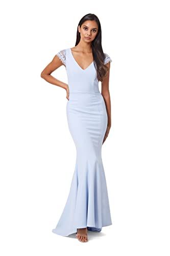 Jarlo London Maia V Neck Maxi Dress with Lace Cap Sleeves and Button Open Back - Powder Blue - EU 42
