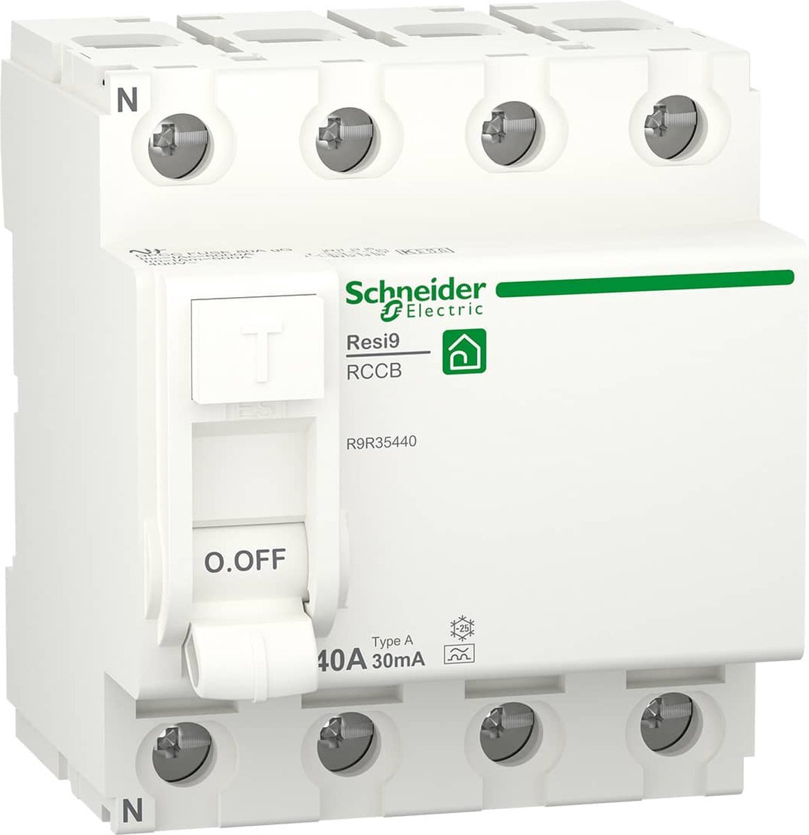 SCHNEIDER ELECTRIC Aardlekschakelaar - 4P - 40A - 6000A - 30mA - Type A - Resi9 - - R9R35440