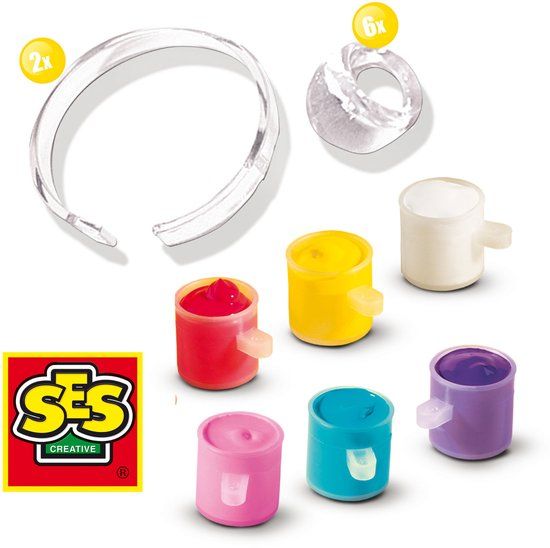 SES - Ringen en armbanden versieren - 6 ringen en 2 armbanden - armbandjes maken meisjes - met verf en penseel - knutselen meisjes