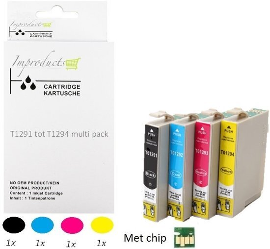 Improducts Â® Huismerk Inktcartridge Alternatief Epson T1295 inktcartridges, 4 pack (1x zwart T1291, 1x cyaan T1292, 1x magenta T1293, 1x geel T1294) = 1x Multipack
