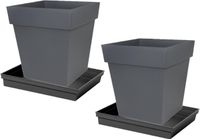 EDA Set van 2 bloempotten Toscane vierkant zwart 32x32x32cm + onderschalen