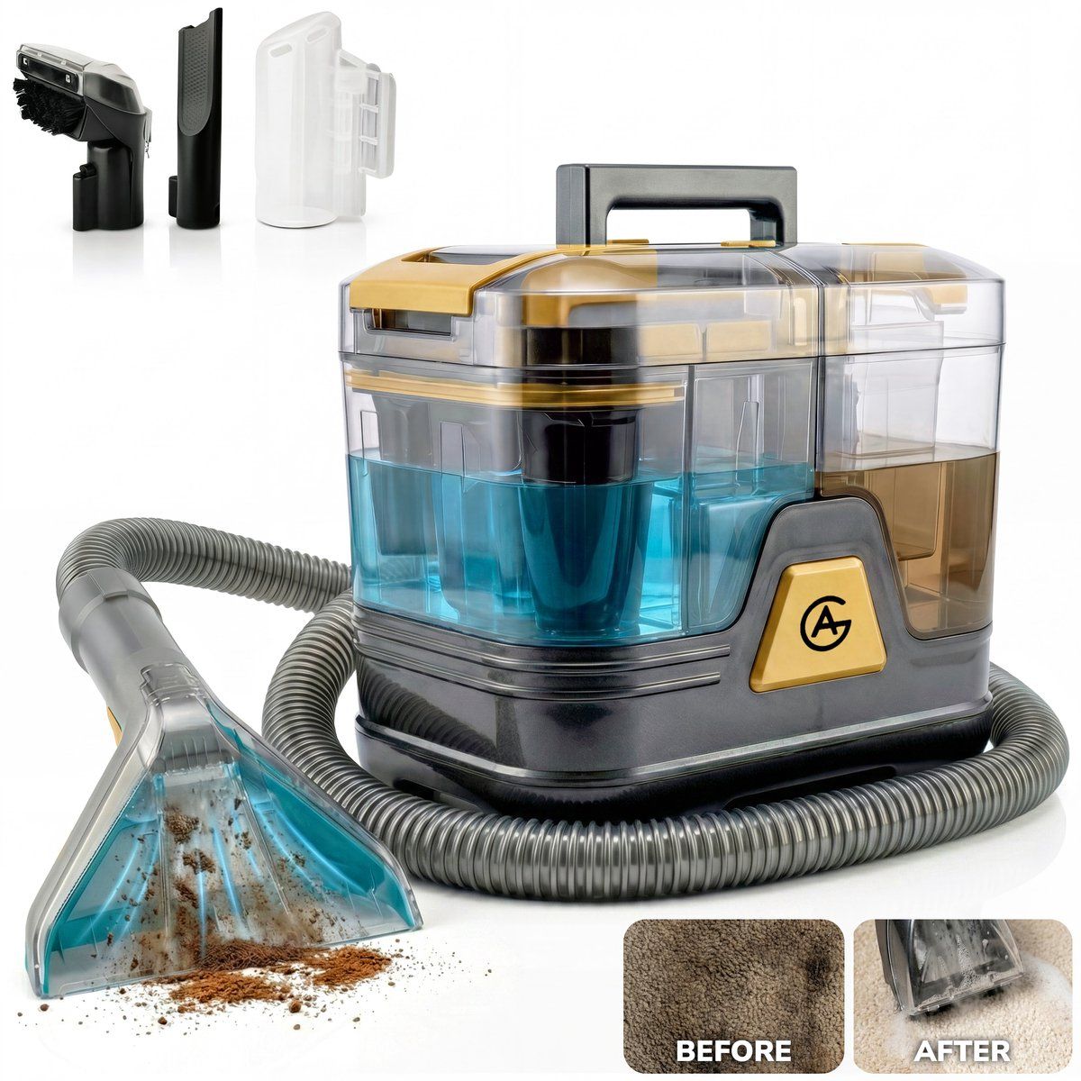 AG Vlekkenreiniger & Tapijtreiniger - 400W Krachtige Draagbare 4-in-1 Bankreiniger, Zetelreiniger, Meubelreiniger & Autoreiniger - Self-Cleaning - Dubbele Watertank 2L - Carpet Cleaner - 4 Opzetstukken voor Bank, Stoel, Tapijt & Matras - Gold Edition