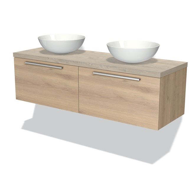 Maxaro Badkamermeubel Modulo Plato 140cm Lichtbruin Eiken 2 Lades Vlak Lichtgrijs Eiken Blad