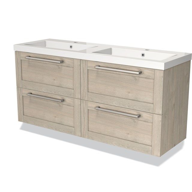 Maxaro Badkamermeubel 140 cm Modulo Lichtgrijs Eiken 4 Lades Kader Wastafel Mineraalmarmer