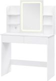 Happiq Table de toilette Blanc avec miroir LED - Luminosité réglable et 2 ports USB - Table de maquillage moderne pour chambre à coucher