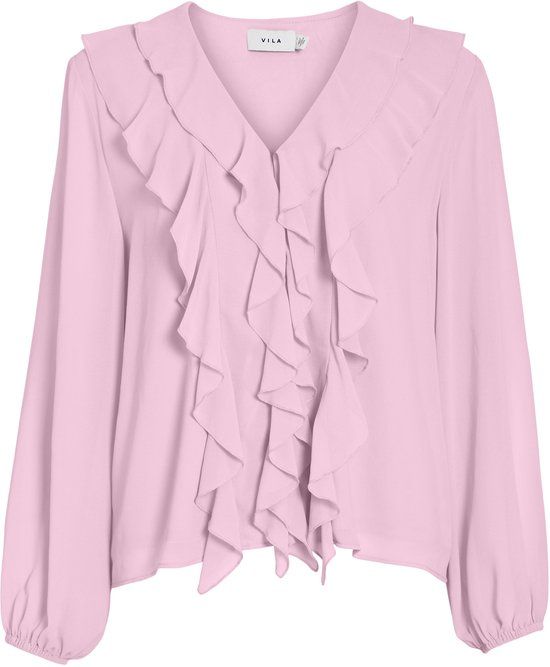 Viane VILA - VIANE L/S V-NECK FRILL TOP - NOOS - Dames - Blouses - Cherry Blossom - Size 38