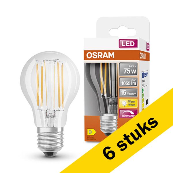 6x Osram LED lamp E27 | Filament | 7.5W (75W) | Dimbaar
