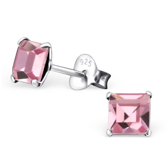 Aramat Jewels oorbellen vierkant-kristal-925 zilver-licht roze-6mm