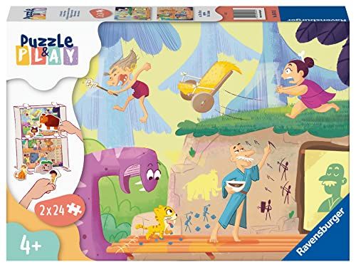 Ravensburger Kinderpuzzle Puzzle&Play 05674 - Im Steinzeitdorf - 2x24 Teile Puzzle voor Kinderen vanaf 4 Jaar
