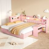 STILVORA Bed 90x200 cm – Uitschuifbaar Tot 180x200 cm Met Bureau, Ledverlichting En Usb-Aansluiting – Zonder Matras – Stoffen Design – Roze