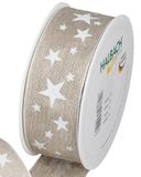 Halbach Seidenbänder Cadeaulint sterren | linnen band met draadrand en sterrenprint voor Kerstmis | Kleur: natuur/wit