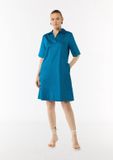 Comma - Katoenen jurk met overhemdkraag en steekzakken - Oceaanblauw - Maat 38