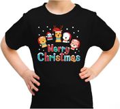 Bellatio Decorations Kersttrui t-shirt - kinderen - dierenvriendjes - Merry christmas - zwart - kerstkleding / christmas outfit 116/134