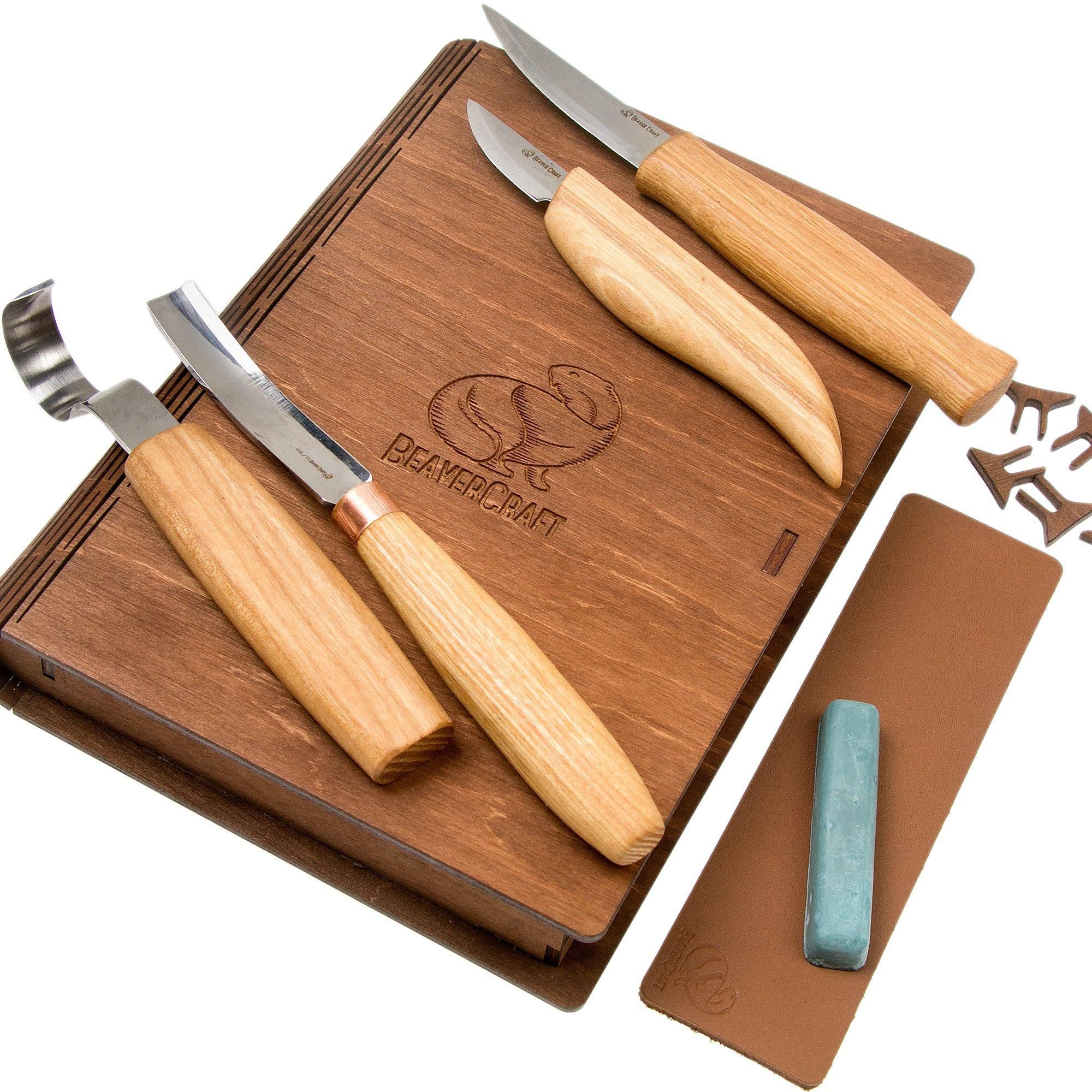 BeaverCraft Professional Spoon and Kuksa Carving Set S43 - Wood Carving Kit with Wooden Storage Book