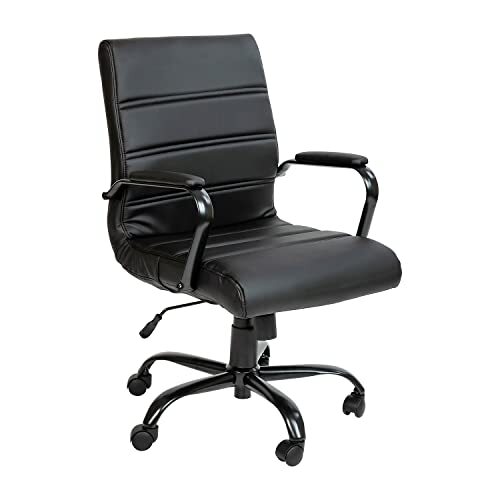 Flash Furniture Whitney Mid-Back Bureaustoel - Zwart LeatherSoft Executive Draaibare Bureaustoel met Zwart Frame - Draaibare Armstoel